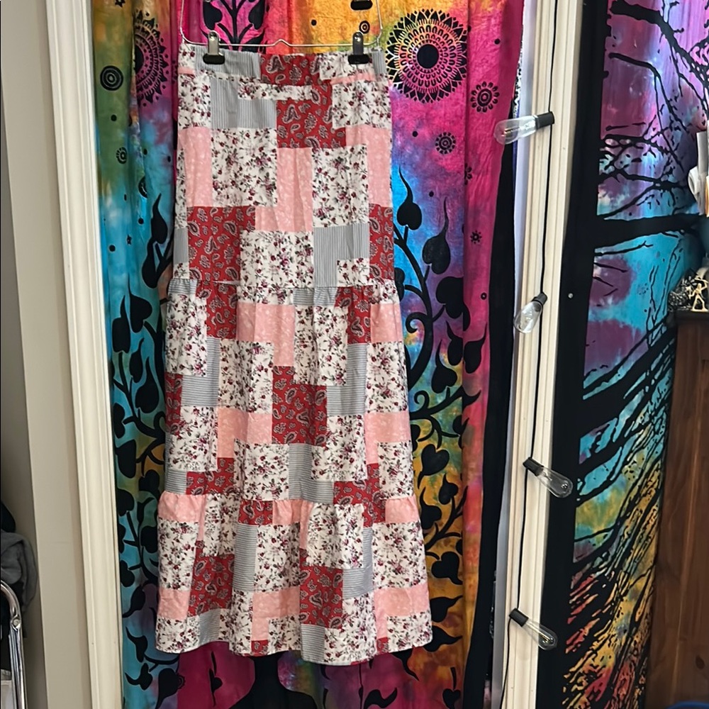 Floral Patchwork Maxi Skirt - Red, Pink, Gray